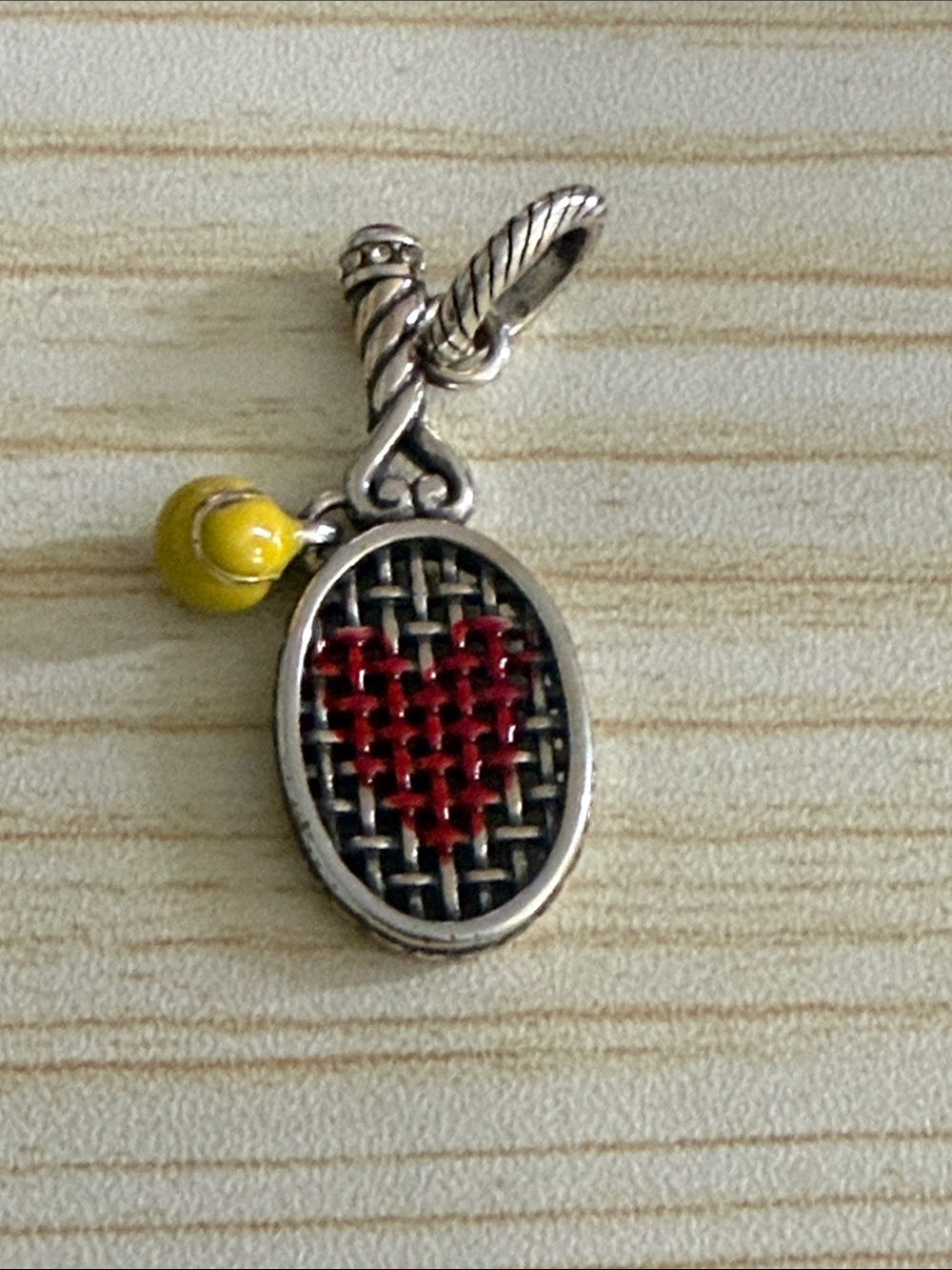 Brighton Silver Tennis Racket Charm with Red Heart and Yellow Bead